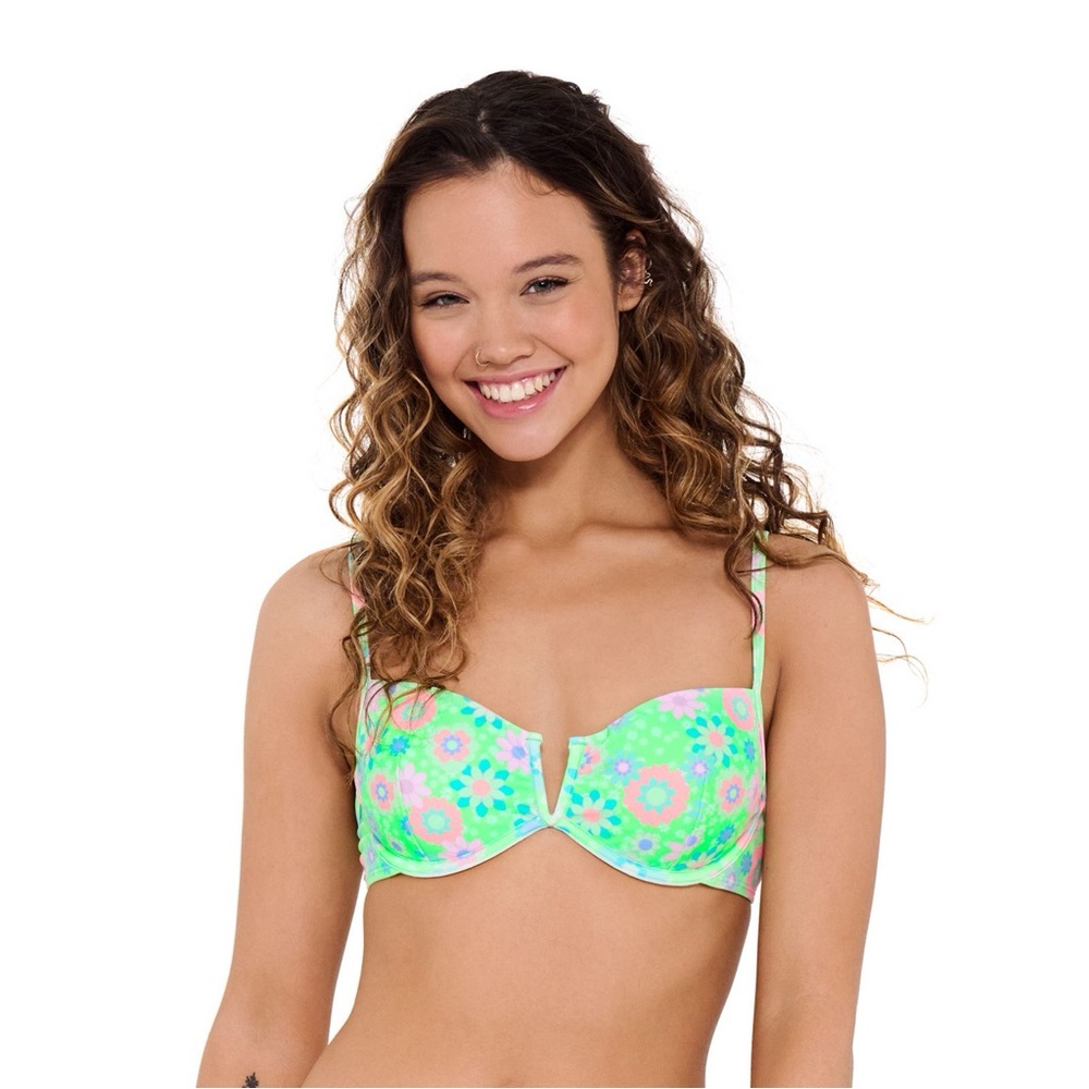 Floral Bikini Top in Neon Green and Pink
